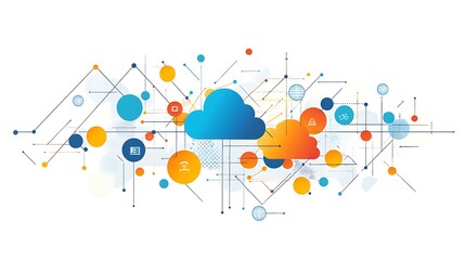 Poster - Abstract illustration of interconnected clouds, circles, and lines representing network and cloud computing.