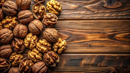 Poster - A close-up view of walnut halves and shells scattered on a rustic wooden surface, showcasing their natural beauty and the rich textures of both the nuts and the wood.