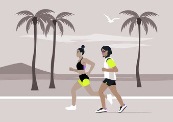 A couple jogs happily along a tranquil beach, the sun rising behind them, Palm trees sway lightly as they share the joy of exercise in a picturesque setting