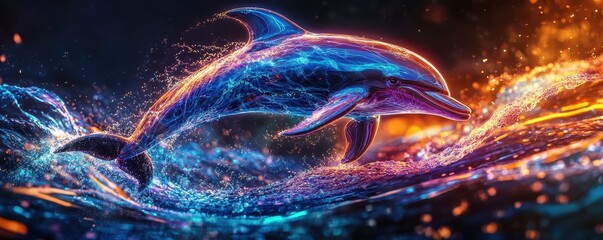 Poster - Surreal Dolphin Leaping Out of Colorful Water