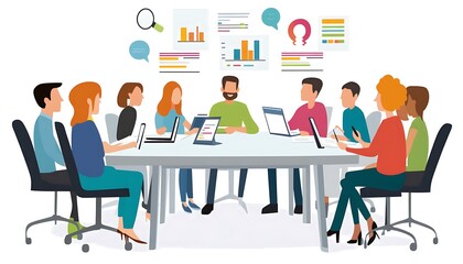 Poster - a diverse group of business professionals gathered around a table, discussing ideas and data.