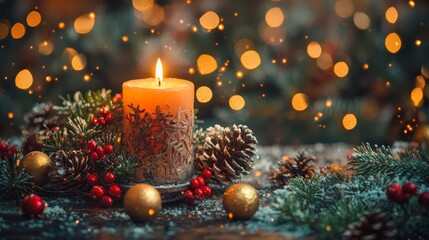 Glowing Christmas candle with pinecones and ornaments