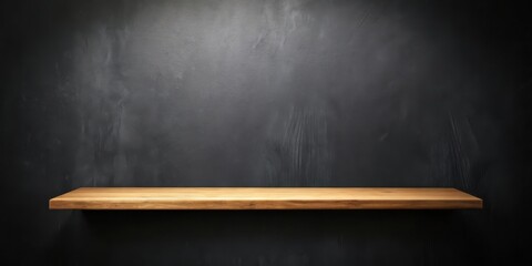 Poster - Empty Wooden Shelf Against a Dark Textured Wall