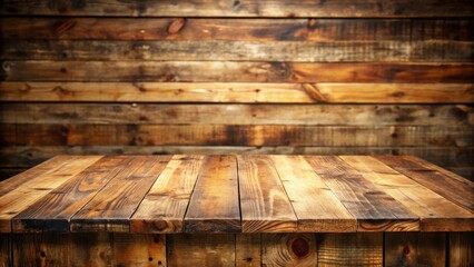 Poster - Rustic wooden table with a backdrop of weathered planks, perfect for showcasing products or creating a cozy atmosphere.