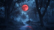© Hasan Pixel - Scary Path with Bloody Red Moon: A spooky path at night with a blood-red moon overhead.