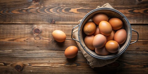 Poster - A Rustic Wooden Tabletop Featuring a Metal Bowl Overflowing with Fresh Eggs and a Scattered Egg Beside It