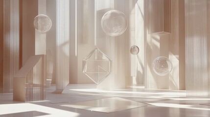 Wall Mural - Abstract minimalist interior with geometric shapes and floating orbs in soft natural light