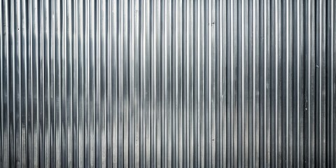 Poster - A close-up view of a textured corrugated metal surface with repeating vertical ridges, showcasing a subtle interplay of light and shadow