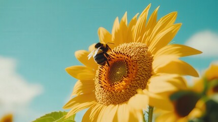 A vibrant bee pollinating a bright sunflower under a clear blue sky.