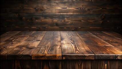 Poster - Rustic Wooden Tabletop with a Blurred Background of Planks, Ideal for Product Placement or Mockups