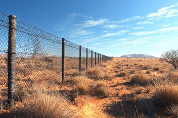 Poster - A solitary fence stands in the vast expanse of a desert, surrounded by sand dunes and cacti
