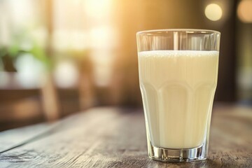 Poster - A glass of milk sits on top of a wooden table, perfect for breakfast or snack