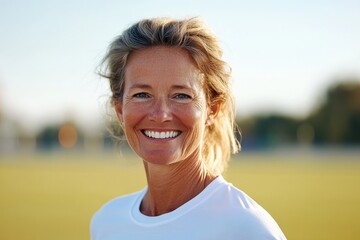 A woman with a bright smile looks directly into the lens