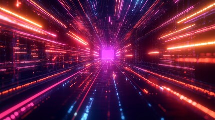 Poster - colorful abstract light tunnel with vibrant streaks rushing toward a central cube in a digital envir