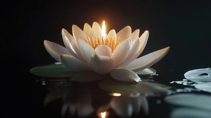 Poster - A water lily with a lit candle resting on its surface