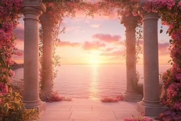 Poster - A beautiful ocean view seen through a pergola archway, perfect for use in travel or coastal themed projects