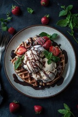 Poster - A delicious breakfast or brunch plate with a waffle, topped with ice cream and fresh strawberries