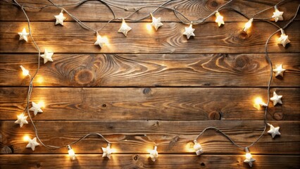 Poster - Warm White Star String Lights Framing Rustic Wooden Background