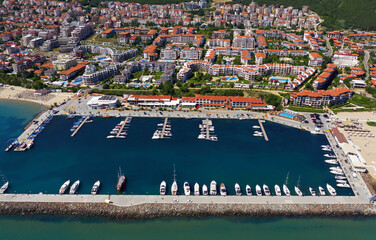 Aerial view to yacht marina Marina Dinevi in Sveti Vlas, Burgas, Bulgaria