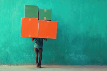 Aufkleber - A person carrying a stack of boxes on their head, likely for a move or storage