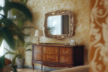 Poster - A mirror hangs on the wall above a dresser in a cozy living room setting