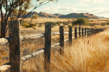 Canvas Print - A wooden fence runs through the center of an open field, with grass and wildflowers surrounding it