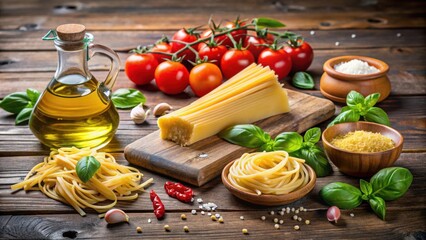 Poster - A Rustic Italian Culinary Still Life with Fresh Tomatoes, Garlic, Basil, Olive Oil, and Dried Pasta