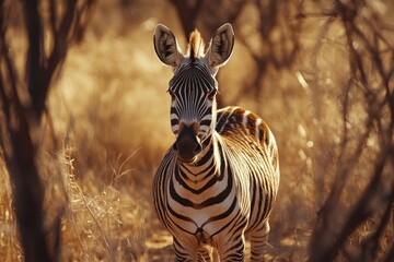 Poster - A zebra standing alone in a green field, with a sunny sky in the background