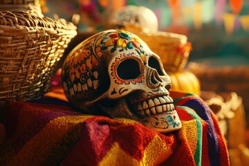 Poster - A sugar skull sits on top of a colorful blanket
