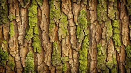 Poster - A Close-Up View of a Tree Trunk Covered in Lush Green Moss, Emphasizing the Textured and Cracked Bark Beneath