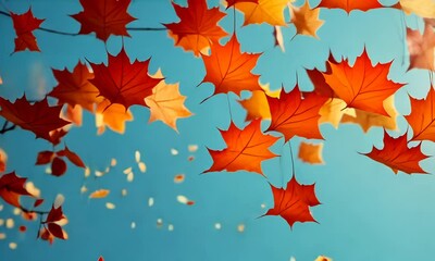Wall Mural - a blue sky with orange leaves falling from a tree video