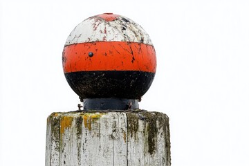 Poster - A red, white and black buoy sits atop a wooden pole