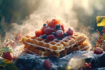 Poster - A sweet breakfast treat featuring a waffle topped with fresh berries and powdered sugar