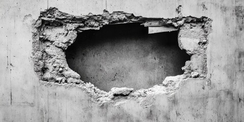 Poster - A black and white photo of a hole in a concrete wall, perfect for use as an abstract or minimalist design element