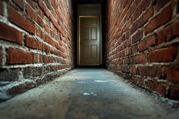 Poster - A brick wall doorway with a single opening to a door, simple and rustic