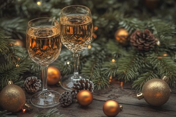 Aufkleber - Two glassware with red wine and Christmas decorations nearby