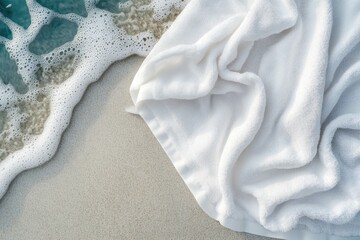 Canvas Print - A white towel lies on the sand, overlooking the vast ocean