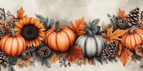 Poster - A arrangement of pumpkins, sunflowers, and pinecones