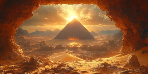 Wall Mural - an ancient pyramid stands tall in a vast desert at sunset