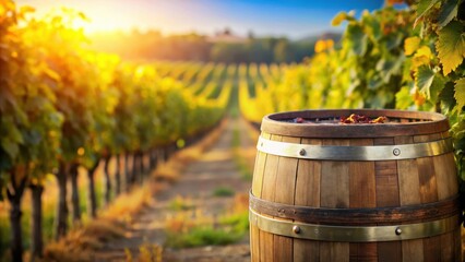 Poster - A Wooden Barrel Rests Amidst the Golden Hues of a Vineyard at Sunset