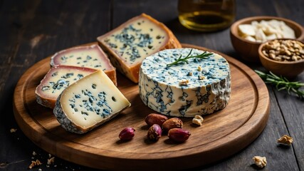 Wall Mural - appetizing Roquefort blue cheese charcuterie on wooden plate flat lay aesthetic setup for ads
