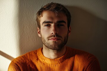 Poster - A person wearing an orange sweater leans against a wall, with a calm and relaxed expression