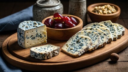 Wall Mural - appetizing Roquefort blue cheese charcuterie on wooden plate flat lay aesthetic setup for ads