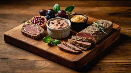 Wall Mural - appetizing Pate charcuterie on wooden plate flat lay aesthetic setup for ads