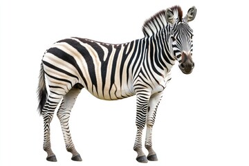 Poster - A close-up view of a zebra standing in front of a plain white background