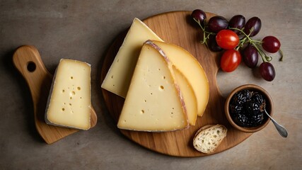 Wall Mural - appetizing gouda hard cheese charcuterie on wooden plate flat lay aesthetic setup for ads