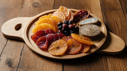 Wall Mural - appetizing dried fruits charcuterie on wooden plate flat lay aesthetic setup for ads