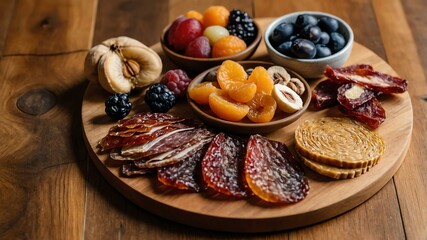 Wall Mural - appetizing dried fruits charcuterie on wooden plate flat lay aesthetic setup for ads