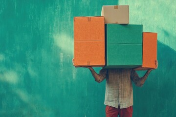 Aufkleber - A person carrying a load of boxes on their head, possibly for moving or storage purposes