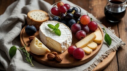 Wall Mural - appetizing brie soft cheese charcuterie on wooden plate flat lay aesthetic setup for ads